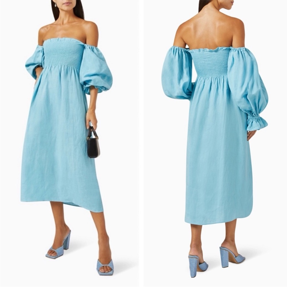NWT Sleeper Atlanta 100% Linen Midi Dress Off Shoulder Smocked Bust Small